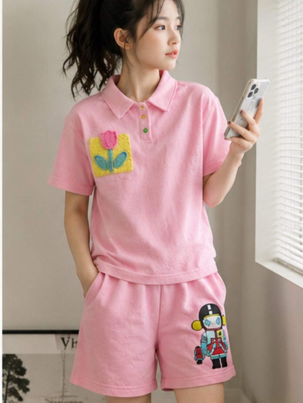 Cute Pink Two-Piece Polo & Shorts Set
